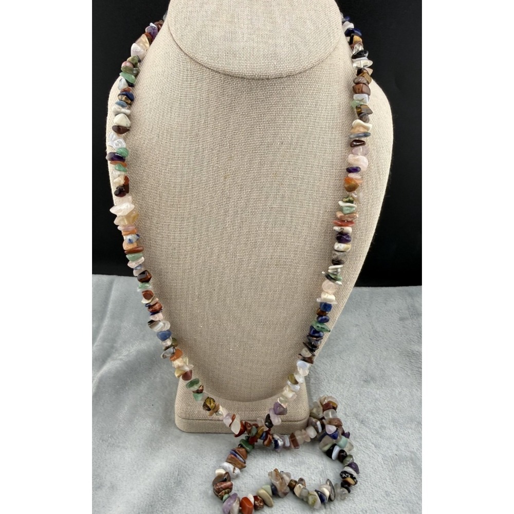 Vintage Stone Chip Beaded Necklace Multicolor Flapper Opera 36 Inch